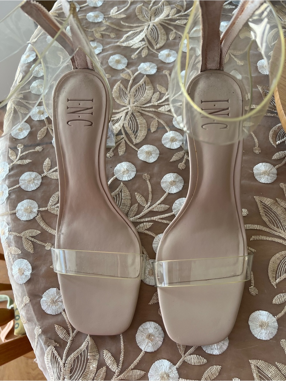 INC International Concepts Clear-Strap Nude Block Heel Sandals, Sz. 8